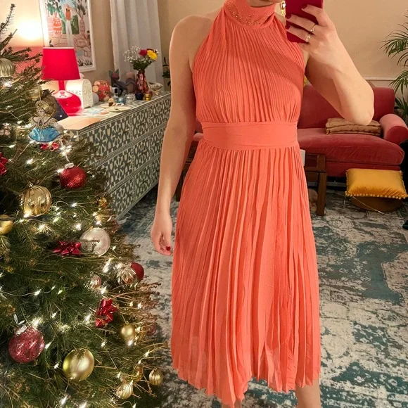 Coral Pleated midi Dress